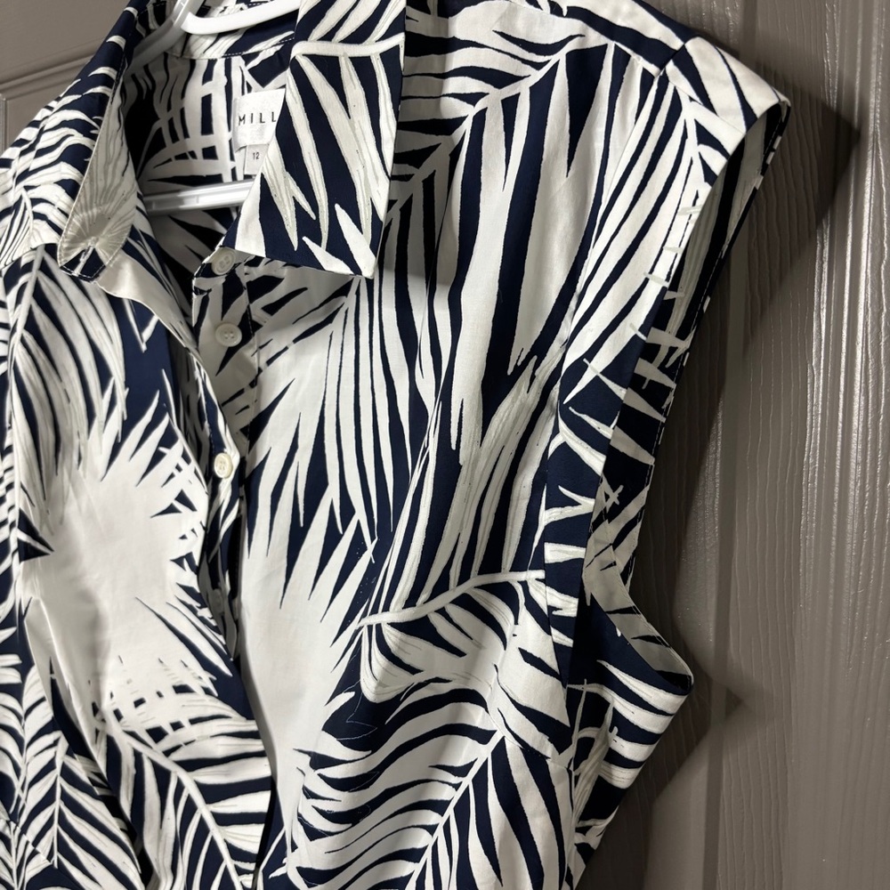 MILLY Maxwell Palm Print Poplin Dress Navy Blue & White Size 12 - Picture 7 of 15